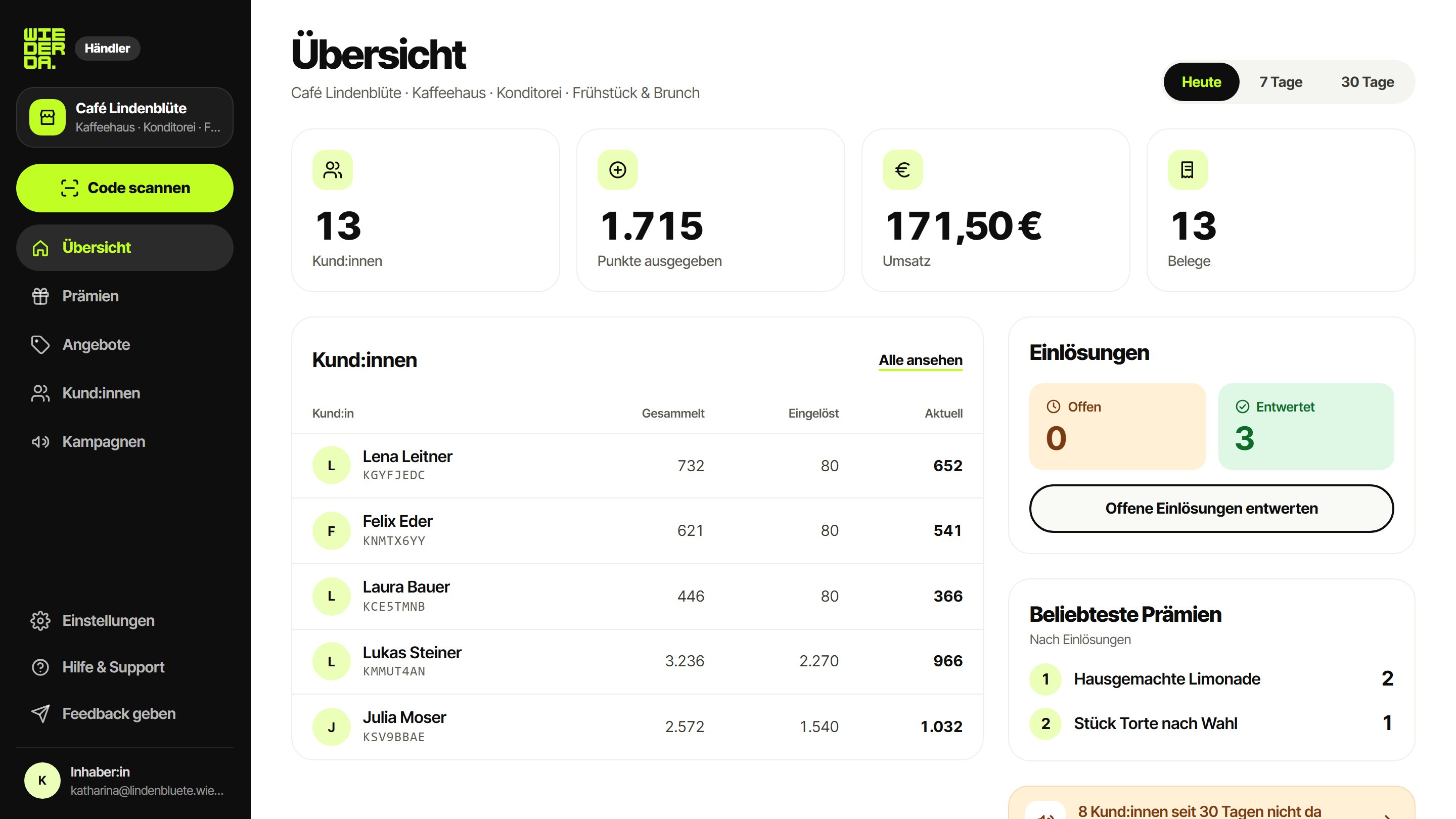 Händler-App im Browser: Übersicht